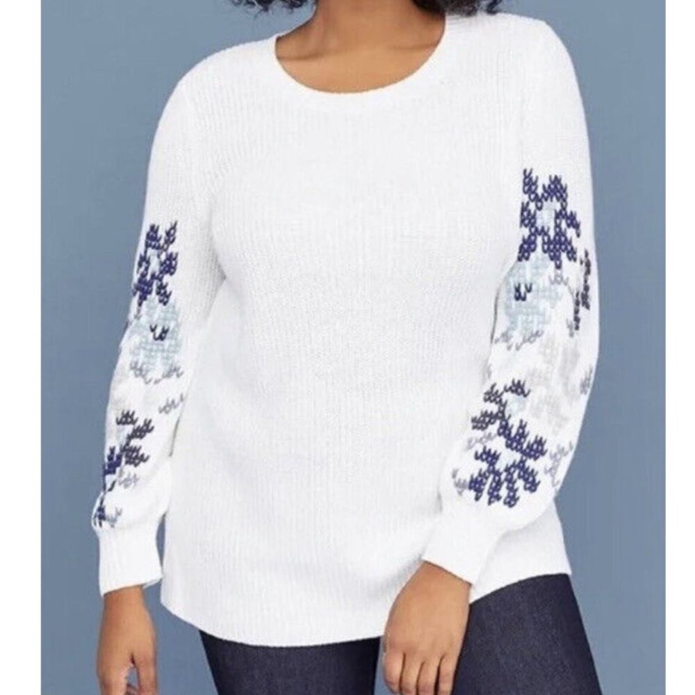 Lane Bryant White Knit Sweater with Blue & Grey Embroidered Sleeves